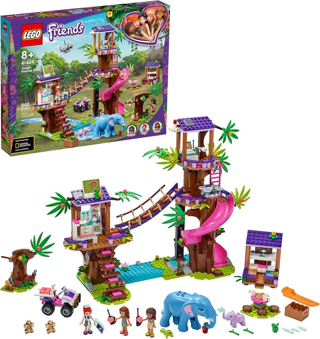 LEGO Friends Jungle Rescue Base 41424 Building Toy for Kids, Animal Rescue Kit That Includes a Jungle Tree House and 2 Elephant Figures for Adventure Fun (648 Pieces)