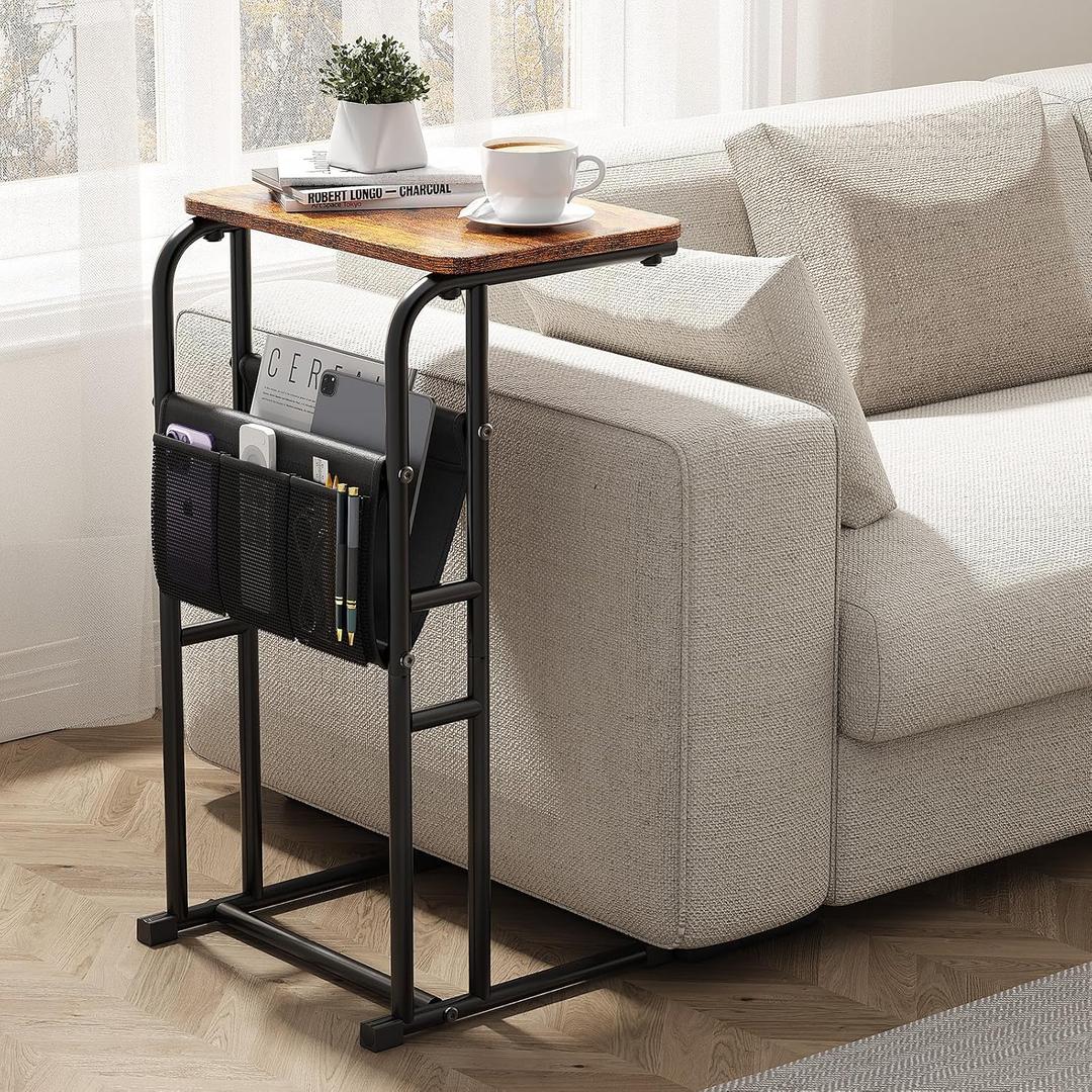 Olldide C-Shaped End Table with Storage Bag, Side Table for Living Room Bedroom, Slide Under Couch Sofa TV Trays Desk, Small Narrow Space Applicable, Rustic Brown