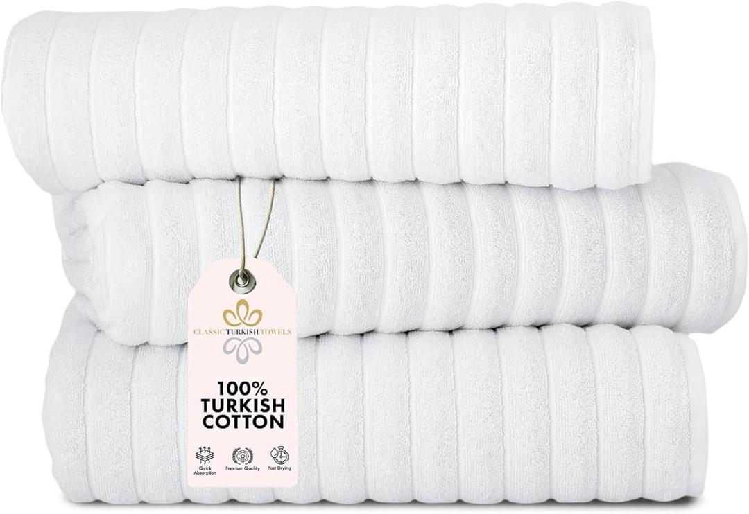 Classic Turkish Towels CTT - Luxury 3 Piece Jumbo Bath Sheets, 100% Turkish Cotton, Absorbent & Ultra Comfy Bath Towel Sheets for Hotels & Spa | 40"x65" (White)