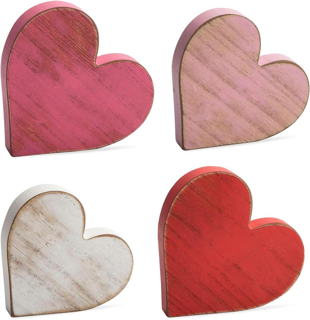 COCHIE Wooden Hearts Valentines Decorations Indoor, Wood Heart Blocks Tiered Tray Decor Set of 4, Red Pink White Valentine Decoration for Home Party Office Shelf Door (Retro)