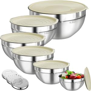 Mixing Bowls with Lids Set, 6 PCS Stainless Steel Mixing Bowls with 3 Grater Attachments, Kitchen Food Storage Organizers Nesting Mixing Bowl, Large Size 4.5, 3.5, 2.1, 1.5, 1.1, 0.7QT, Khaki 