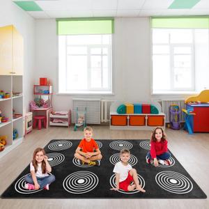 Kids Rug, Classroom Carpets Playmat Rugs - 5x7 Ft Kids Carpet with Rubber Backing, Circle Bullseye Abstract Children's Seating Rug Play Mat Nursery Rugs for Children Bedroom Playroom Elementary, Black