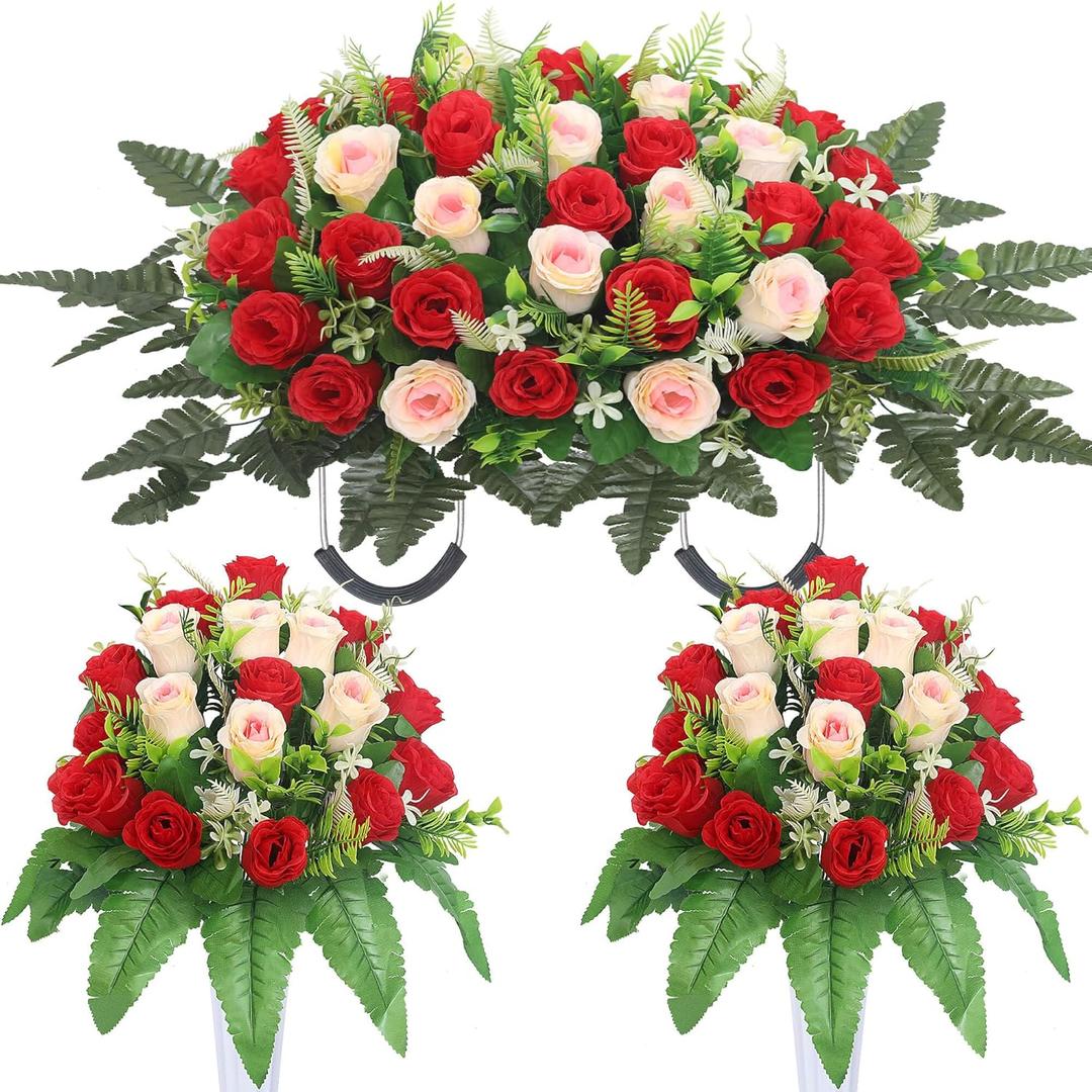 3 Pcs Artificial Cemetery Flower Saddles Cemetery Flowers for Grave Memorial Grave Flowers with Vases for Cemetery Decoration