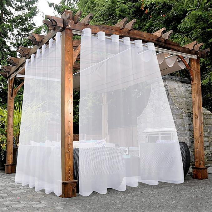 BONZER White Outdoor Sheer Curtains for Patio Waterproof - 2 Panels Wide Grommet Indoor Voile Curtain for Living Room, Bedroom, Porch, Pergola, Cabana, 100 x 108 inch, White