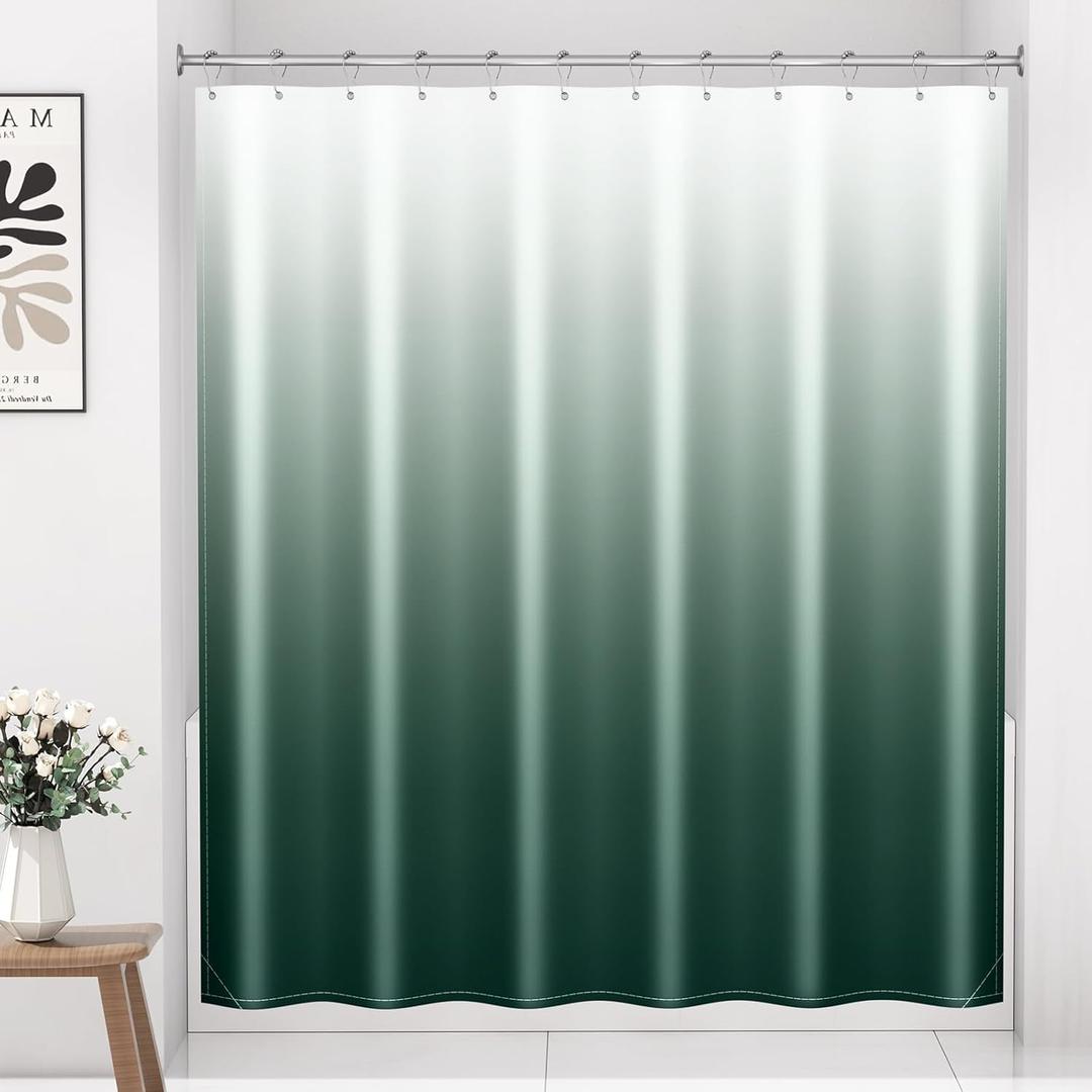 Arotive Shower Curtain for Bathroom, Dark Green and White Ombre Fabric Shower Curtain Sets with 12 Hooks, Waterproof & Machine Washable, 72x72 Inches