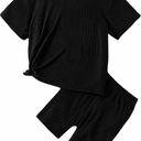 WDIRARA Girl's Ribbed Short Sleeve Top and Biker Shorts Set 2 Piece Summer Outfits, Black, 130