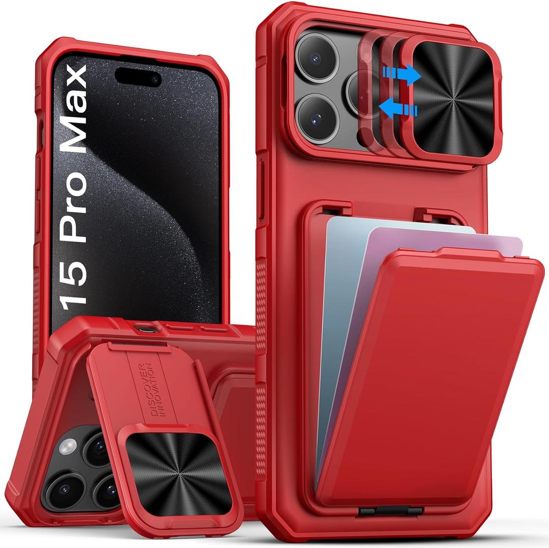 SSLOTSCASE for iPhone 15 Pro Max Case with Credit Card Holder & Stand & Slide Lens Cover & Kickstand, Multi Functional Wallet Sturdy Protective Phone Case Cover for iPhone 15 Pro Max 6.7'' 2023, Red
