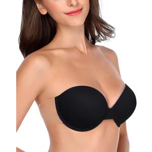 Backless Strapless Push Up Bra for Women Thick Padded Sticky Underwired Bras Self Adhesive (Black)