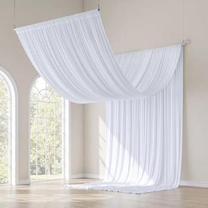 gogoparti 50x20FT White Ceiling Curtain Panels - 10 Panels of 5x20FT Wrinkle-Free Polyester Drapes for Weddings, Birthdays, Parties, Tent & Event Decoration