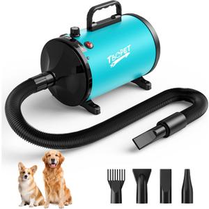 Dog Dryer High Velocity Dog Hair Dryer 5.2HP/3800W, Stepless Adjustable Speed Temperature Dogs Grooming Blow Dryer, Pet Dryer with 4 Nozzles,Blow Dryer for Dogs, Blue