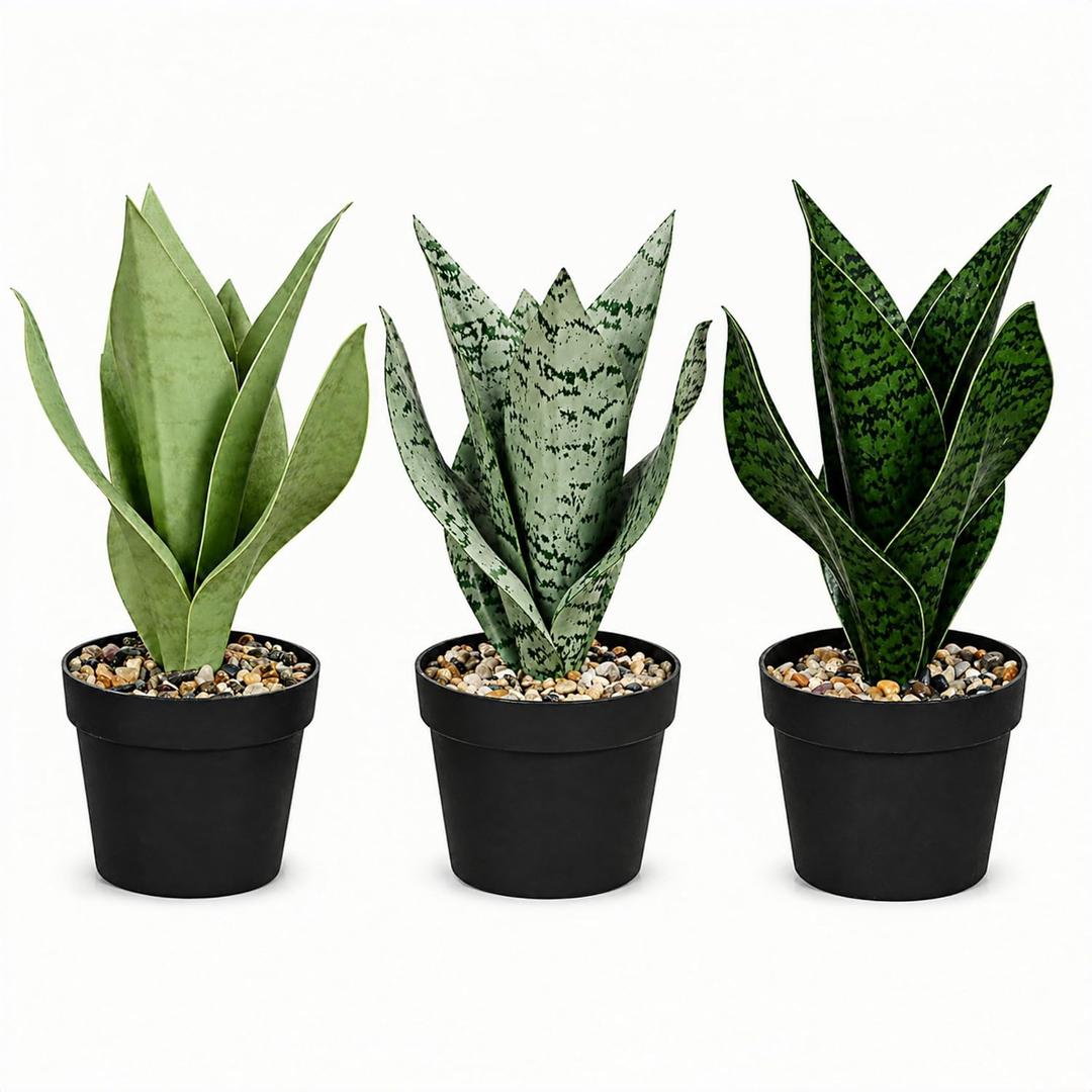 Artificial Snake Plant Set of 3 Small Faux Snake Plants in Pots Fake Potted Plants for Indoor Home Decor Desk, Shelf, TV Stand, Cabinet, Bathroom Office 9.8 inch