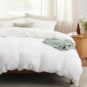 Bedsure Duvet Cover Queen Size with Fitted Sheet - 4 Pieces Prewashed Cotton-Like Extra Soft Bedding Set, Includes 1 Duvet Cover 90x90 Inches with Zipper Closure, 2 Pillow Shams, 1 Fitted Sheet, White (00 - White (No Comforter))