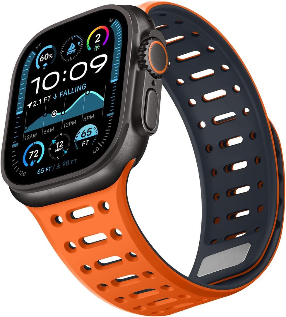 Compatible with Apple Watch Band, Magnetic Silicone Sport Breathable Strap for iWatch Ultra 2 SE Series 10 9 8 7 6 5 4 (49/46/45/44/42mm, Orange/Midnight), Size: 49/46(Series 10)/45/44/42mm(Series 3-1)