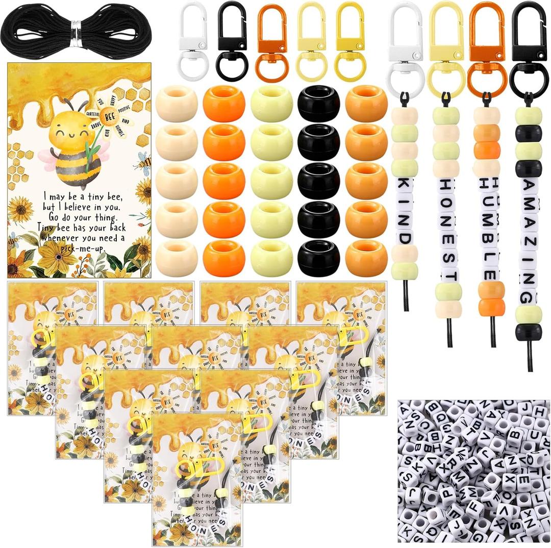 Ferreve 60 Set Back to School Crafts Kits Bee Keychains with Positive Gift Cards for Classroom Activities Beadable Keychains with Inspirational Beads