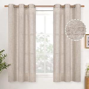 YoungsTex Short Linen Curtains 54 Inch Length 2 Panels for Window, Light Filtering Drapes Semi Sheer with Bronze Grommet Rustic Textured for Bathroom Bedroom Living Room, 42 X 54 Inch (Natural)