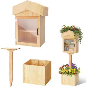 Wonderjune Outdoor Library Box Kit, 19 in Book Exchange with Planter Stand