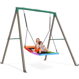 Trekassy Swing Sets for Backyard, 440lbs Heavy Duty A-Frame Metal Stand with 60" Large Platform Swing for Outdoor Playground ParkGreen/Tan Frame + Rainbow Swing(Patented)