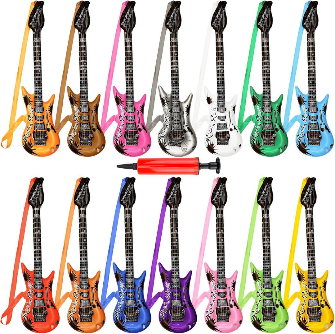 14 Pack Inflatable Guitar with Strap 37.4 inch Blow Up Guitars Assorted Color with 1 Red Air Pump for Kids Birthday Rock Star Party Decorations, 14 Colors