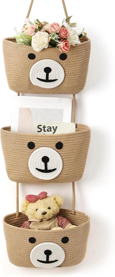 Cute Bear Hanging Baskets, 3-Tier Woven Cotton Wall Mounted Storage Organizer, Decorative Storage Hanging Closet Removable Large Wall Basket for Living Room Bedroom Kitchen