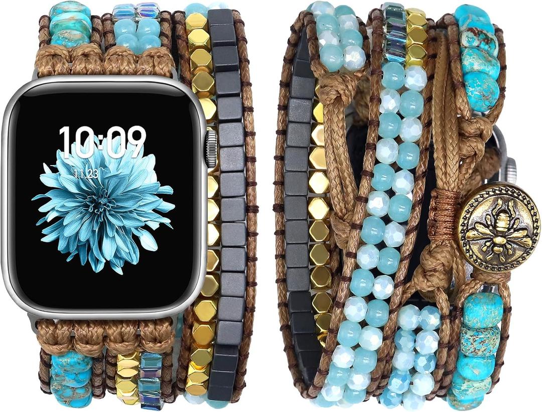 JR.DM Boho Beaded Watch Band Women Compatible with Apple Watch 38mm 40mm 41mm 42mm (S10/11) Turquoise Stone Bracelet Adjustable Handmade Braided Strap for iWatch Series 11/10/9/8/7/6/5/4/SE 3/2/1