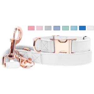 Soft Leather Dog Collar and Leash (6.6') Set - Stylish Rose Gold Heavy Duty Metal Buckle, 4 Adjustable Lengths Leash for Small Medium Large Dogs - Comfortable & Easy to Clean White L(15.4"-24.8")