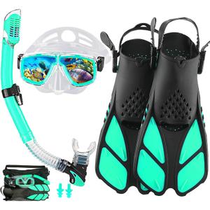Snorkeling Gear for Adults with Fins Scuba Diving Gear Adult Professional Travel Snorkel Sets with Flippers,Anti-Fog Anti-Leak Diving Mask (US Men 4-8.5 | US Lady 6-9.5, Aqua)