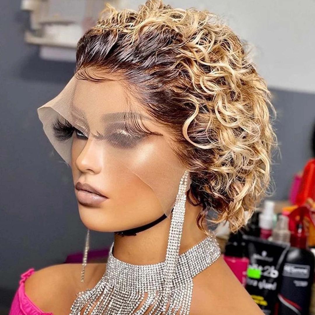Ombre Blonde Pixie Cut Lace Front Wigs 6 inch Human Hair 13X1 Pixie Cut Short Curly Wigs HD Lace Front Wigs Plucked Pixie Curly Wigs for Black Women (6 Inch, 1B/27#)