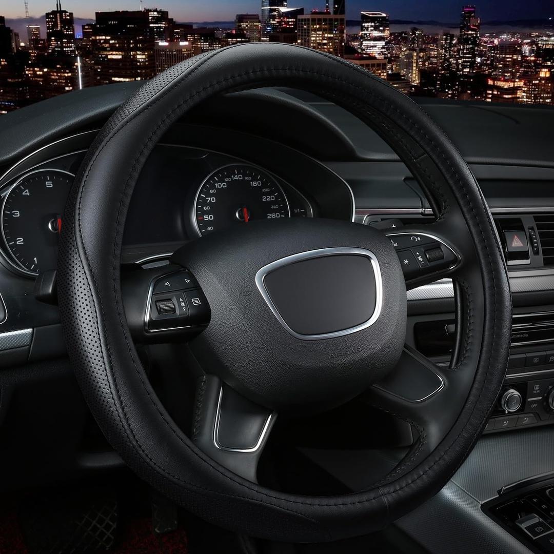 KAFEEK Steering Wheel Cover, Universal 15 inch, Microfiber Leather, Anti-Slip, Odorless, Black Lines