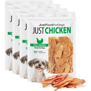 JustFoodForDogs Single Ingredient Healthy Dog Treats and Dog Snacks, Jerky Treats, Human Grade, Preservative and Grain Free, Rawhide Free Chews, Low Calorie Treat - Chicken Breast, 2.5 oz Pack of 4