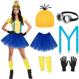 6 Pcs Women's Halloween Costume Accessories Set, Goggles/Yellow Beanie/Blue Dress/Blue Suspenders/Gloves/Yellow Stockings