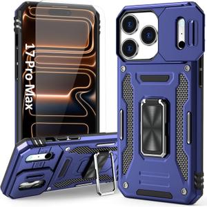 Case Compatible with 17 Pro Max iPhone Phone Case with Kickstand Ring Holder & HD Screen Protector, with Camera Cover, with Magnet Car Mount Function, for iPhone 17 Pro Max (Navy Blue)
