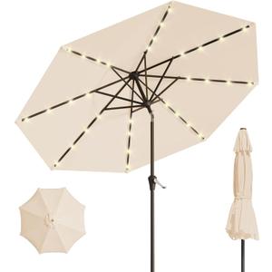 9FT Solar Umbrella 32 LED Lighted Patio Umbrella Table Market Umbrella w/Tilt and Crank, UV-Resistant Outdoor Umbrella for Pool, Garden, Deck, Beige