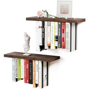 BUTUNITA Floating Bookshelves for Wall, Rustic Wood Hanging Wall Bookshelf, Upside Down Book Shelf and Wall Mounted Bookshelves for Home Decor in Bedroom, Living Room, Carbonized, 2 Pack