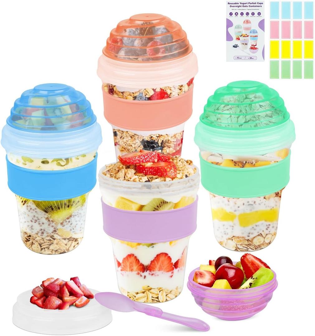 4 Pack Yogurt Parfait Cups with Lids Reusable 20 oz Overnight Oats Containers with Lids Folding Spoons Granola Topper, Cereal Salad Jars for Oatmeal Chia Pudding Meal Prep 4 Pack Yogurt Parfait Cups with Lids Reusable 20 oz Overnight Oats Containers with Lids Folding Spoons Granola Topper, Cereal Salad Jars for Oatmeal Chia Pudding Meal Prep