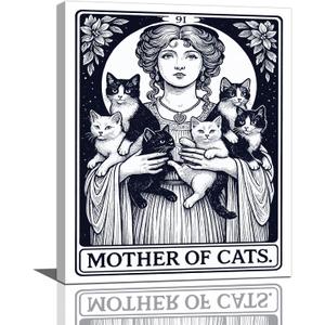 Vintage Tarot Wall Art Black And White Cat Bathroom Canvas Wall Decor Pussy Cat Pictures Paintings Prints Kitten Aesthetic Artwork Framed Decorations For Bedroom Living Room Gifts 16" x 20"