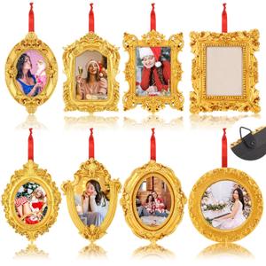 8 Pcs Mini Picture Frame Ornament for Christmas Tree Gold Vintage Photo Frames Antique Resin Oval Rectangle Tiny Ornamental with Hook and Ribbon for Xmas Tree Wall Decor(Fashion)