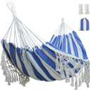 Boho Macrame Hammock with Elegant Tassels for Patio, Yard, Beach Wedding Decor, Outdoor and Indoor Up to 450lbs Include Tie Ropes and Drawstring Bag (Blue and White)