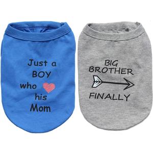2 Pack Cotton Boy Dog Clothes Big Brother Print T Shirt Love Mom Print Pet Outfits Breathable Tank Top for Male Kittens Cats Puppies Chihuahua Teddy Yorkie (Neck Girth 11.02'') (Grey, blue)