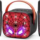 Cool Mini Karaoke Machine Toys: Kids Toys Easter Birthday Gifts Age 3-12+ LED Portable Bluetooth Speaker with 2 Wireless Microphone Basket Stuffers Gift Toy for 4 5 6 7 8 9 Years Old Girls Boys (Black)