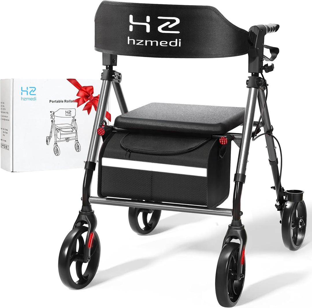 Walkers for Seniors with Seat, 8" Big Wheels Folding Adult Rolling Walker for All Terrain, Dual Adjustable Height Medical Walker with Backrest and Brakes| Metallic Gray