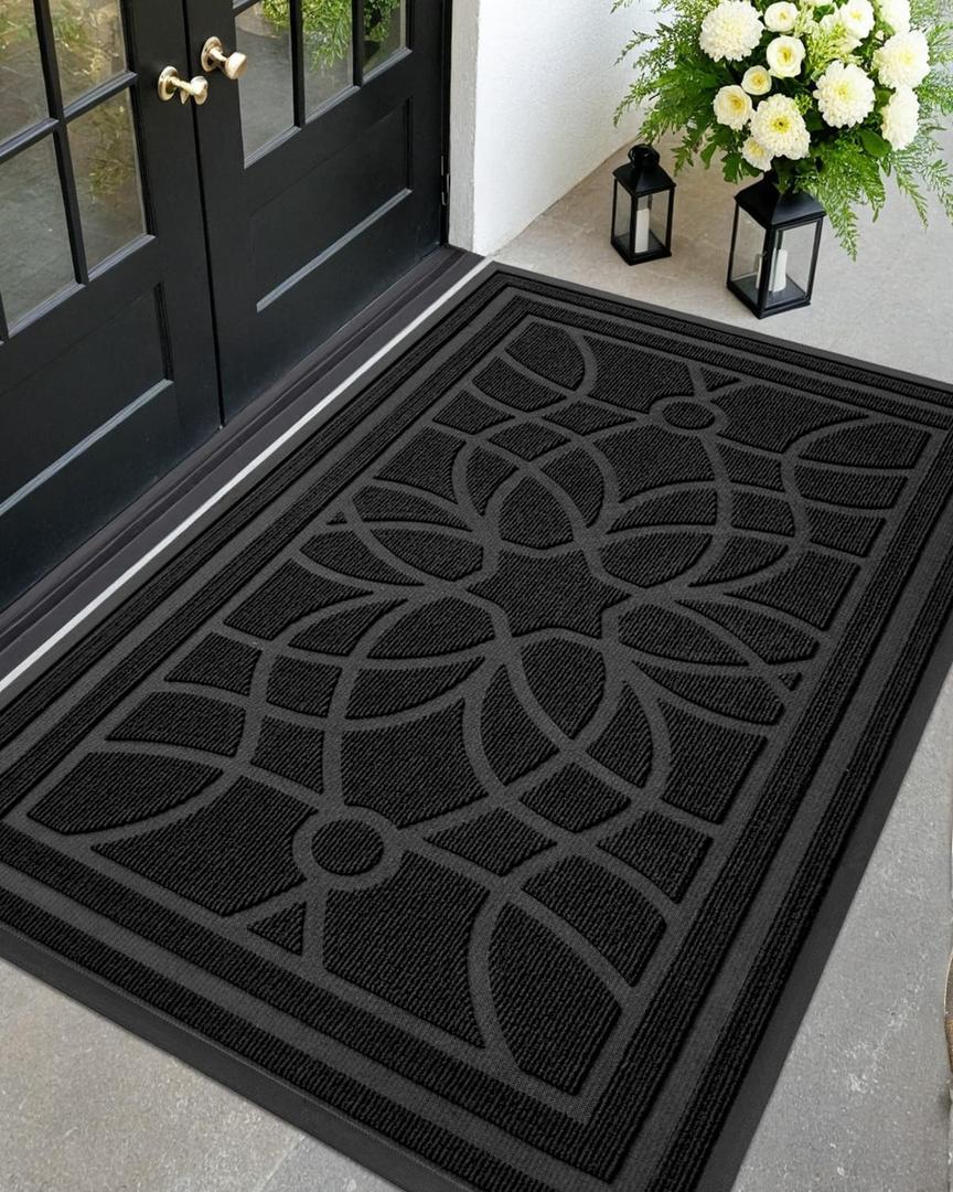 DEXI Front Door Mat Outside Entrance, Heavy Duty Non Slip Low Profile Doormat for Entryway, Trap Dirt and Moisture Welcome Mats, Easy Clean, Patio, Garage, 5x3, Black (3' x 5' (Rectangular))