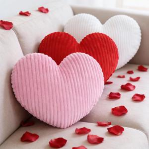 Cumule 3Pcs Valentine's Day Heart Pillows Ribbed Large Love Heart Pillows Red Ivory Pink Pillows for Valentines Day Living Room Bedroom Decor