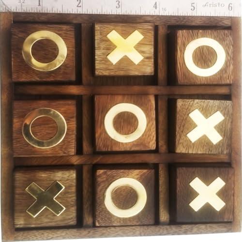 HIGRADE 6" Wooden Tic Tac Toe Game - Handmade Table Top, Family Drawing Room Party, Premium Quality Travel Board Game 1.5 Inch Blocks Both Sides Brass 0X, Safer Than Electronic Electric Bolt Game