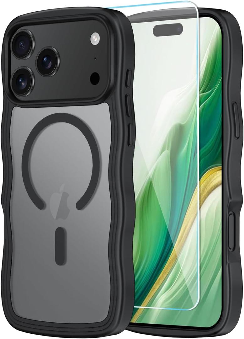 SunStory Compatible with iPhone 17 Pro Case with HD Screen Protector, [Compatible with MagSafe] Cute Wave Translucent Matte Phone Case for iPhone 17 Pro (Black)