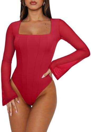 REORIA Women's Sexy Long Sleeve Square Neck Bodysuit Mesh Double Lined Going Out Tops 2025 L