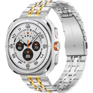 Pencoda Compatible with Samsung Galaxy Watch Ultra Bands 47mm (2024), Stainless Steel Metal Replacement Band for Galaxy Watch 7 Ultra Men Women Large Small (Silver + Gold)
