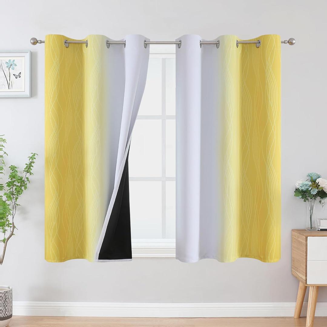 Estelar Textiler Yellow and Greyish White Ombre Blackout Curtains 45 Inch Length 2 Panels, Full Room Darkening Gradient Drapes for Kitchen,Thermal Insulated Grommet Short Curtains for Bathroom,42Wx45L