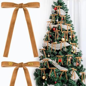 AYGXU 30pcs Velvet Bows for Christmas Tree Decorations,Twist tie Bows,Vintage Christmas Bow Decor,premade Bow for Gift Wrapping,Table,Garland,Fireplace Decor.Khaki(5/8" W,5.1 * 7in)