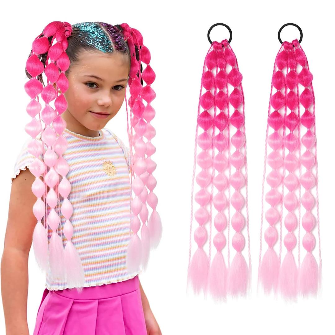 Colored Hair Extensions, Behufun 2Pcs 20" Lightweight Colored Hair Extensions for Kids Bubble Ponytail Extension with Hair Tie, Ombre Crazy Hair Day Accessories for Girls Festival Rave B40 (Dark Pink to Light Pink)