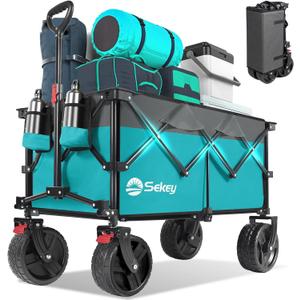 Collapsible Wagon Cart with Big All-Terrain Beach Wheels, Foldable Heavy Duty Wagons with Cup Holders, Utility Carts for Camping, Garden, Outdoor, Grocery, Sports. Turquoise